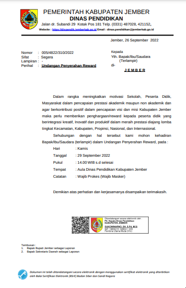 UNDANGAN PENYERAHAN REWARD DINAS PENDIDIKAN JEMBER 