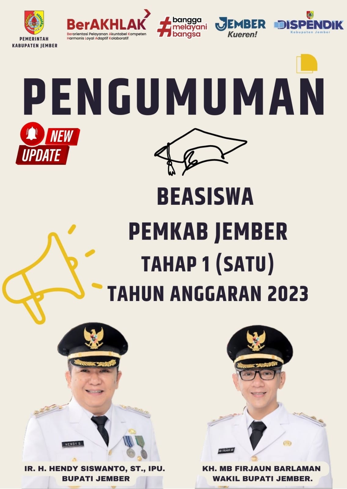 PENGUMUMAN PENERIMA BEASISWA PEMKAB JEMBER TAHAP I TAHUN 2023